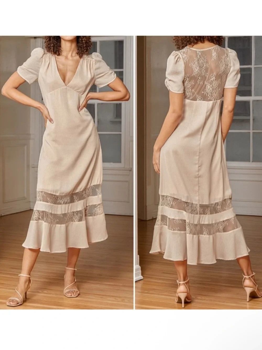 NWT LULUS Precious Moments Beige Lace Short Sleeve Midi Dress M